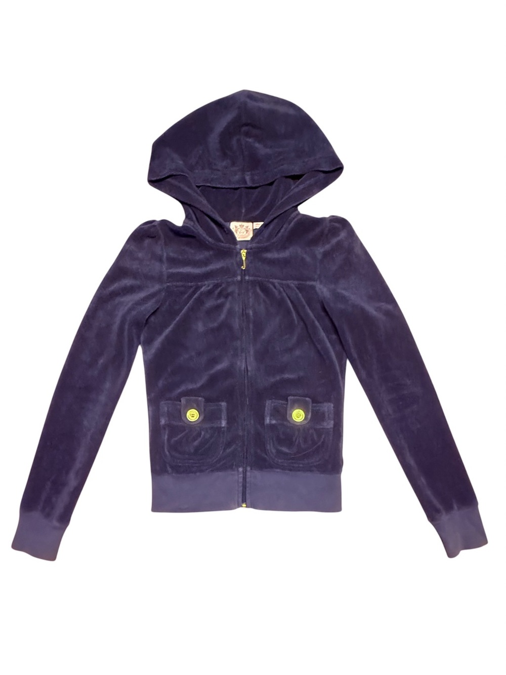 Vintage Y2K Juicy Couture Navy Gold Terry Cloth Hooded Zip-Up Jacket Size P/XS